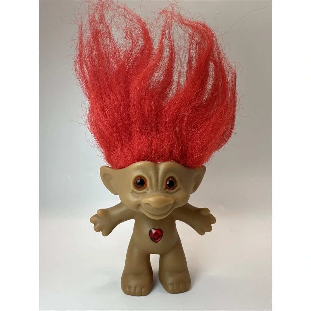Vintage Ace Novelty Treasure Troll Doll Red Heart Gem Belly Red Hair 3 Inch
